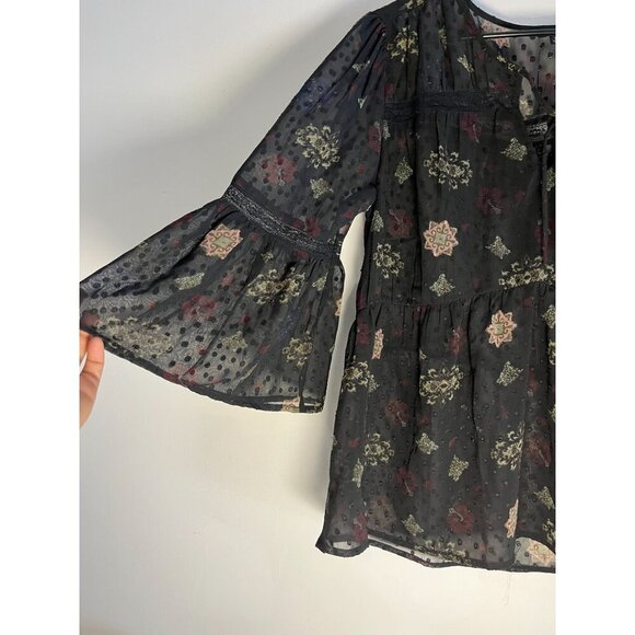 Lucky Brand Peasant Blouse Size L Black Sheer Floral Bell Sleeve Swiss Dot - Picture 5 of 6